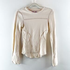 Urban Outfitters Long Sleeve Seamed Thermal Waffle Knit Top Cream Tan Small